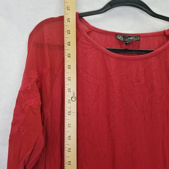DG2 Diane Gilman Womens L Long Sleeve Blouse Red Embroidered Mesh Shoulder Crepe - Picture 11 of 14